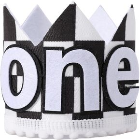 Race Car One Birthday Crown - Race Car 1st Birthday Party Decorations,Boy Fast One Birthday Hat Outfit,Black And White Plaid Party Crown,Racing First Photo Prop Decor