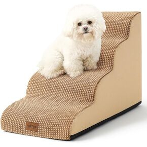 Cozy Kiss High Density Foam Dog Stairs Step Ramp for Dogs Cats 4 Tiers Pet Stairs Step Ramp for Beds Furniture Durable Non-Slip Dog Ramp for Bed with Waterproof Fabric Cover Light Brown (Four Steps)