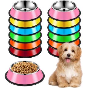 Roshtia 12 Pcs Stainless Steel Dog Bowls Small Dogs Food Bowls 6.4 in 7 oz Stackable Pet Dishes for Puppy Colorful Pets Feeder Bowl with Anti Skid Silicone Base for Cat Puppy Kitten