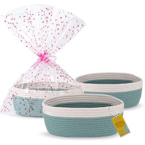 مجموعة من 3 سلال منسوجة صغيرة مع أكياس هدايا، سلة حبل صغيرة فارغة للتخزين، مقاس 12.2 بوصة × 7.9 بوصة × 4.9 بوصة، سلة ألعاب أطفال باللون الأبيض والكاكي in Kuwait