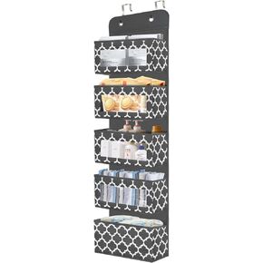 Over the Door Hanging Organizer - Nursery 5 Window Pocket Storage Organizer with 2 Thick Hooks for Baby Clothes, Diaper, Cruise, Pantry, Closet, Bathroom, Cabinet, Kitchen 12.2" 5" 49.6" (Blue)