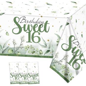 PATIAI Sweet 16 Party Decorations 3Pack Sweet 16 Birthday Tablecloths Sage Green 16th Birthday Disposable Plastic Rectangle Table Cover for Her Birthday Party Supplies 71 x 43 Inches
