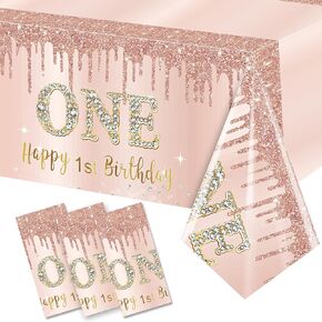 3 Pcs 1st Birthday Tablecloth Decorations for Baby Girls, Pink Rose Gold First Birthday Theme Table Cover Party Supplies, One Year Old Birthday Plastic Disposable Rectangular Table Cloth Decor