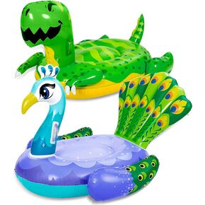 Sloosh 2-Pack Inflatable Dinosaur & Peacock Pool Floats Set, Fun Beach Floaties for Swim Party Decorations Toys, Inflatable Island, Summer Pool Raft Lounge Ride On for Adults Kids
