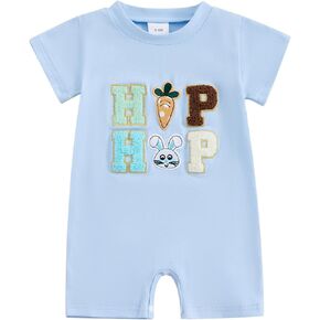 Newborn Baby Boy Girl Easter Outfits Letter&Bunny Embroidery Short Sleeve Jumpsuit Romper Cute Infant Summer Playsuit