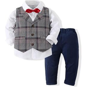 Abolai Baby Boys' 4 Piece Gentleman Set with Shirt,Bowtie,Vertical Stripes Vest and Pant