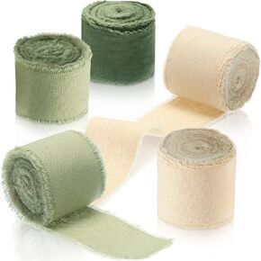 Sage Green Ribbon Handmade Fringe Chiffon Ribbon 3 Rolls 1.5 Inch x 5 yd Total 15 yd Boho Frayed Edges Ribbon Cotton Ribbon for Wedding Gift Wrapping DIY Craft(Beige, Light Green, Deep Green)