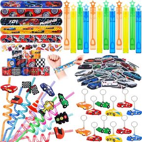 KELENO 98Pcs Race Car Party Favors Race Car Birthday Party Supplies Straw Bubble Slap Bracelet Keychain Sticker Toy Gift Boy Kid Pinata Filler Goodie Bag Stuffer Racecar Themed Decorations
