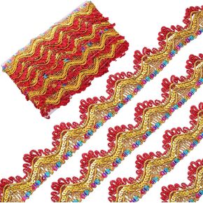 GORGECRAFT 9.3Yds 1.4" Red Beaded Paillette Sewing Lace Trim Gold Fringe Tassel Trim Metallic Fabric Ribbon Wavy Glitter Mesh Embroidery Gimp Trim Braided Sequins Edging Trimming for DIY Crafts Cloth