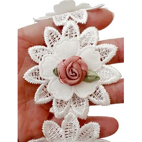 PEPPERLONELY 10pc White Chiffon Rose Flowers Embroidered Fringe Tassel Lace Trim Ribbon Wedding Applique DIY Sew On Supplies Craft Decoration, Flower Size 2 x 3 Inches