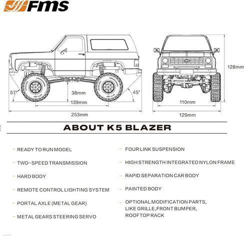 EAZYRC X FMS FCX24S 1/24 Chevy K5 S Blazer 1976s RC Rock Crawler 4x4 RTR Black, with Lisense RC Truck, 4WD 5Km+ 2-Speed Transmission,RC Car for Gift in Saudi Arabia