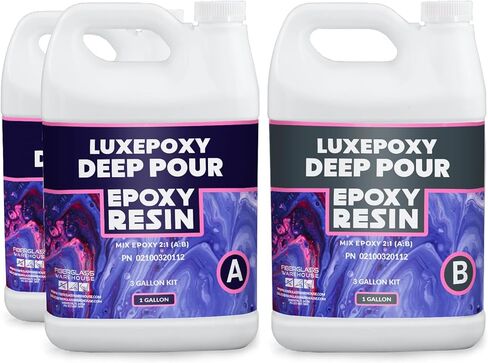 مجموعة راتنجات الإيبوكسي العميقة من لوكس إيبوكسي - 3 جالون - سائل كريستالي شفاف ممتاز 2:1 يعالج الصخور الصلبة، صب ما يصل إلى 2 بوصة، تسوية ذاتية، آمن للطعام، طاولات النهر، الحرف الفنية، المجوهرات in Kuwait