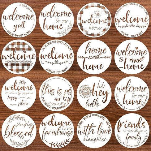 Kigley 16 Pcs Welcome Stencils for Painting on Wood 12" Large Hello Summer Themed Stencil Round Welcome Letters Stencils Templates Farmhouse Paint Stencil for Wood Door Hanger Sign Reusable(Welcome) in Saudi Arabia