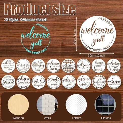 Kigley 16 Pcs Welcome Stencils for Painting on Wood 12" Large Hello Summer Themed Stencil Round Welcome Letters Stencils Templates Farmhouse Paint Stencil for Wood Door Hanger Sign Reusable(Welcome) in Saudi Arabia