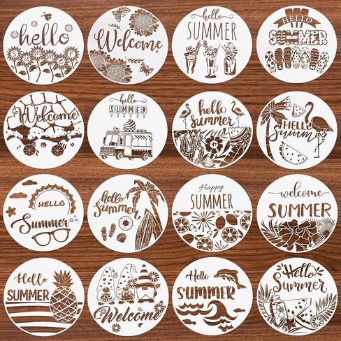 Kigley 16 Pcs Welcome Stencils for Painting on Wood 12" Large Hello Summer Themed Stencil Round Welcome Letters Stencils Templates Farmhouse Paint Stencil for Wood Door Hanger Sign Reusable(Welcome) in Saudi Arabia