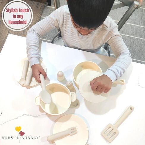 BubsN'Bubbly13 Piece Silicone Kids Kitchen Set, Pretend Play Kitchen Set, Play Kitchen Accessories, Montesorri Cooking Toys for Girls and Boys, Kitchen Playset for Children Toddler (Beige and Cream) in Saudi Arabia