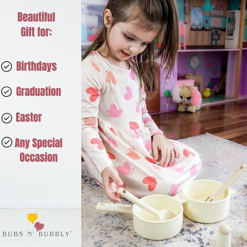 BubsN'Bubbly13 Piece Silicone Kids Kitchen Set, Pretend Play Kitchen Set, Play Kitchen Accessories, Montesorri Cooking Toys for Girls and Boys, Kitchen Playset for Children Toddler (Beige and Cream) in Saudi Arabia