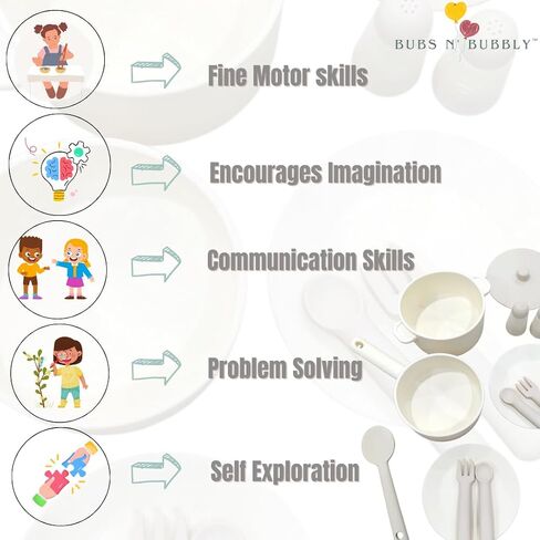 BubsN'Bubbly13 Piece Silicone Kids Kitchen Set, Pretend Play Kitchen Set, Play Kitchen Accessories, Montesorri Cooking Toys for Girls and Boys, Kitchen Playset for Children Toddler (Beige and Cream) in Saudi Arabia