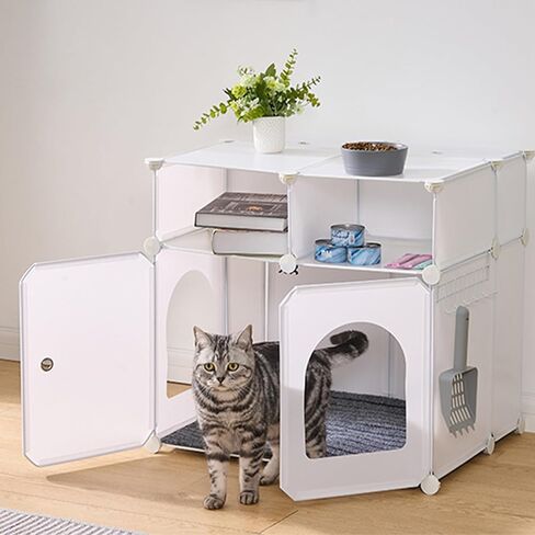 Hzuaneri Cat Litter Box Enclosure, Plastic Covered Little Box with Mat, Splash Proof Litter Box Furniture, with Storage, 23.7 x 18.5 x 15.8 inches, End Table for Living Room, Bedroom, White CB81799WT in Saudi Arabia
