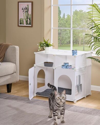 Hzuaneri Cat Litter Box Enclosure, Plastic Covered Little Box with Mat, Splash Proof Litter Box Furniture, with Storage, 23.7 x 18.5 x 15.8 inches, End Table for Living Room, Bedroom, White CB81799WT in Saudi Arabia