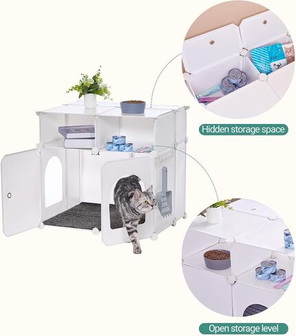 Hzuaneri Cat Litter Box Enclosure, Plastic Covered Little Box with Mat, Splash Proof Litter Box Furniture, with Storage, 23.7 x 18.5 x 15.8 inches, End Table for Living Room, Bedroom, White CB81799WT in Saudi Arabia