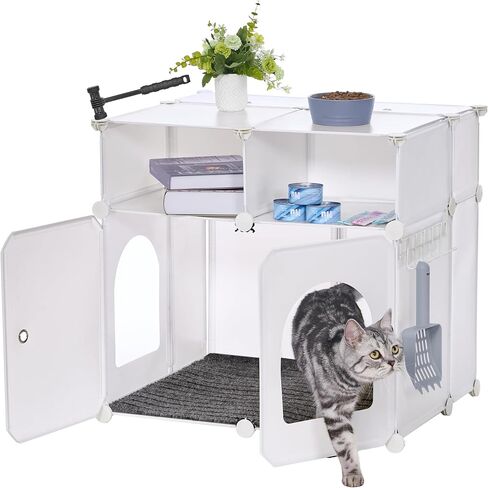 Hzuaneri Cat Litter Box Enclosure, Plastic Covered Little Box with Mat, Splash Proof Litter Box Furniture, with Storage, 23.7 x 18.5 x 15.8 inches, End Table for Living Room, Bedroom, White CB81799WT in Saudi Arabia