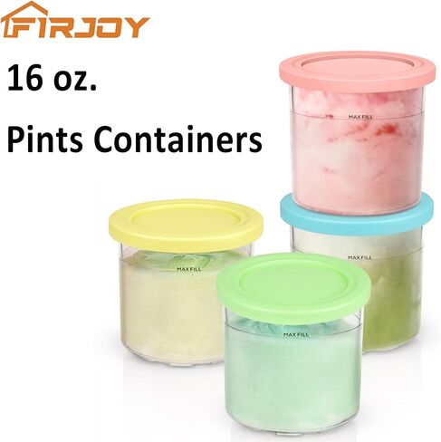 فيرجوي 16 أونصة. حاويات | مكاييل وأغطية بديلة إضافية - متوافقة مع سلسلة Ninja Creami NC301 NC300 NC299AMZ فقط (4 عبوات - أرجواني، وردي، أخضر، أصفر) in Kuwait