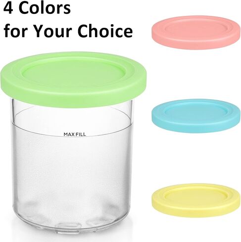 فيرجوي 16 أونصة. حاويات | مكاييل وأغطية بديلة إضافية - متوافقة مع سلسلة Ninja Creami NC301 NC300 NC299AMZ فقط (4 عبوات - أرجواني، وردي، أخضر، أصفر) in Kuwait