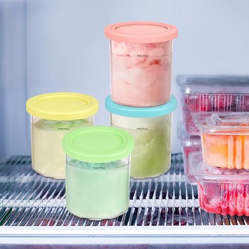 فيرجوي 16 أونصة. حاويات | مكاييل وأغطية بديلة إضافية - متوافقة مع سلسلة Ninja Creami NC301 NC300 NC299AMZ فقط (4 عبوات - أرجواني، وردي، أخضر، أصفر) in Kuwait