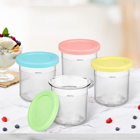 فيرجوي 16 أونصة. حاويات | مكاييل وأغطية بديلة إضافية - متوافقة مع سلسلة Ninja Creami NC301 NC300 NC299AMZ فقط (4 عبوات - أرجواني، وردي، أخضر، أصفر) in Kuwait