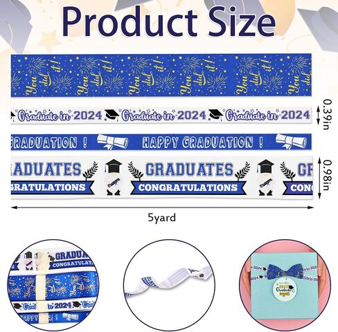 Hying 4 قطع 2024 أشرطة التخرج، 1 بوصة و3/8 بوصة عرض التخرج أشرطة Grosgrain فئة معدنية من 2024 الشريط الأزرق Congrats Grad Craft Ribbons لتغليف الهدايا لوازم ديكور حفلات التخرج in Saudi Arabia