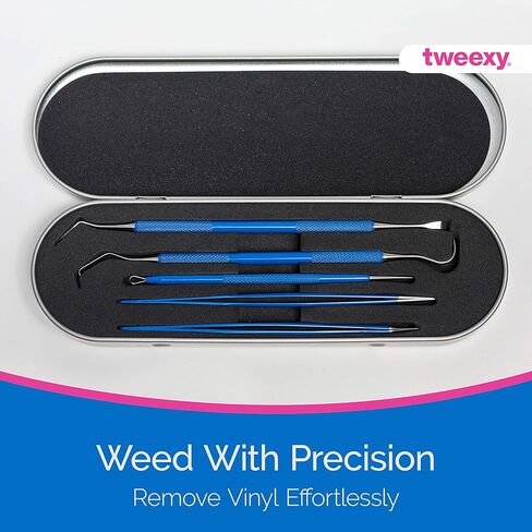 مجموعة أدوات إزالة الأعشاب الضارة المصنوعة من الفينيل من تويكسي كرافت، مجموعة مكونة من 5 قطع مع علبة معدنية، تتضمن أعواد إزالة الأعشاب الدقيقة من الفولاذ المقاوم للصدأ، وملقط، وملعقة لفينيل نقل الحرارة، وصناعة ورق لاصق HTV (أزرق) in Kuwait