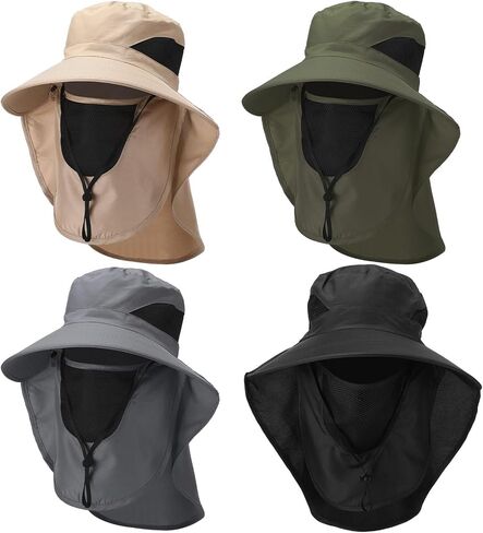 Cuffbow 4 Pcs Mens Outdoor Wide Brim Fishing Hat with Face Cover and Neck Flap, Sun Protection Cap UPF 50+ Fisherman Hat for Women Garden Camping Hiking in Saudi Arabia