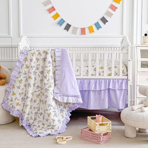 Cotton Ruffle Crib Bedding Set 3 pc Floral Quilted Comforter with Fitted Sheet and Bed Skirt - Pink Flowers - Cute Ruffled Shabby Chic Flower Cream Crib Set Soft Blanket for Girls in Saudi Arabia