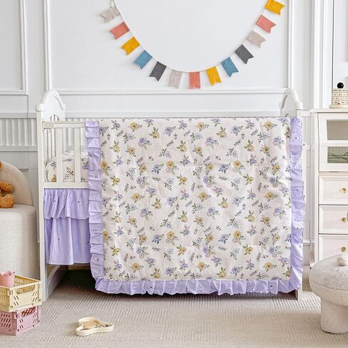 Cotton Ruffle Crib Bedding Set 3 pc Floral Quilted Comforter with Fitted Sheet and Bed Skirt - Pink Flowers - Cute Ruffled Shabby Chic Flower Cream Crib Set Soft Blanket for Girls in Saudi Arabia
