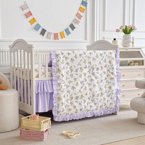 Cotton Ruffle Crib Bedding Set 3 pc Floral Quilted Comforter with Fitted Sheet and Bed Skirt - Pink Flowers - Cute Ruffled Shabby Chic Flower Cream Crib Set Soft Blanket for Girls in Saudi Arabia