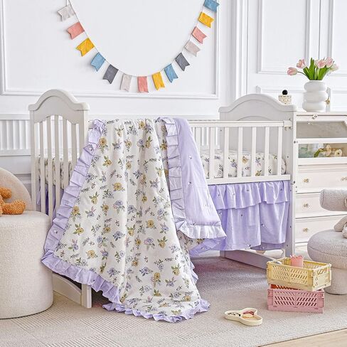 Cotton Ruffle Crib Bedding Set 3 pc Floral Quilted Comforter with Fitted Sheet and Bed Skirt - Pink Flowers - Cute Ruffled Shabby Chic Flower Cream Crib Set Soft Blanket for Girls in Saudi Arabia