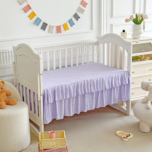 Cotton Ruffle Crib Bedding Set 3 pc Floral Quilted Comforter with Fitted Sheet and Bed Skirt - Pink Flowers - Cute Ruffled Shabby Chic Flower Cream Crib Set Soft Blanket for Girls in Saudi Arabia