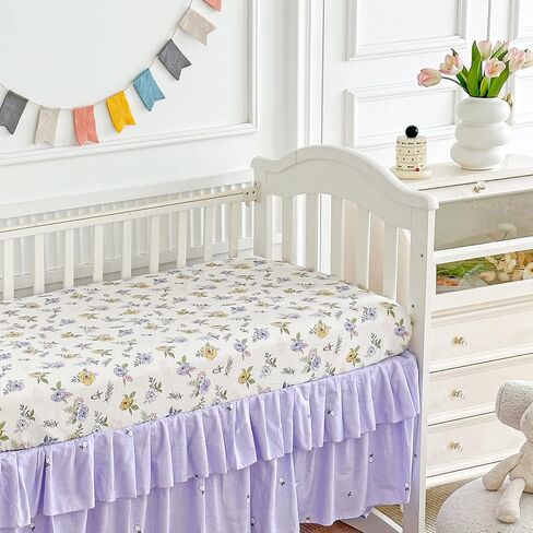 Cotton Ruffle Crib Bedding Set 3 pc Floral Quilted Comforter with Fitted Sheet and Bed Skirt - Pink Flowers - Cute Ruffled Shabby Chic Flower Cream Crib Set Soft Blanket for Girls in Saudi Arabia