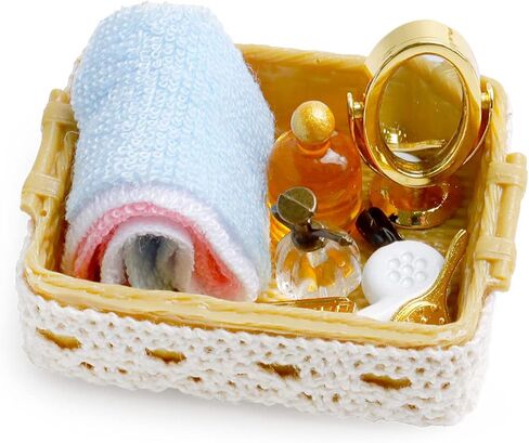 مجموعة سلة حمام صغيرة بمقياس 1:12 مع منشفة ومرآة ومشط عطر سلة دانتيل مصغرة لإكسسوارات ديكور مشهد الحمام المنزلي المصغر in Kuwait