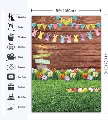 عيد الفصح التصوير خلفية البيض الربيع لافتة جدار خشبي الزهور والعشب صورة خلفية الوليد حزب الديكور راية الدعائم الاستوديو (5x7FT) in Kuwait