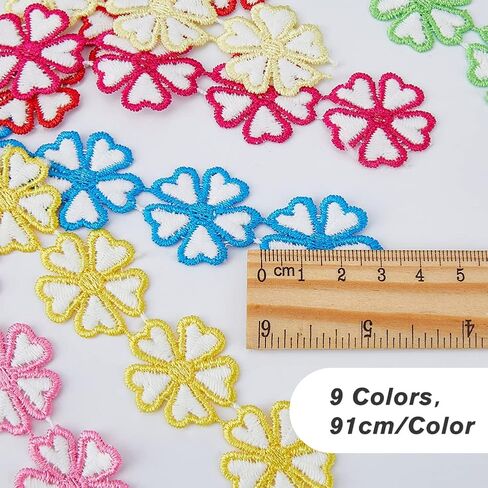 HOBBIESAY 9Pcs 9 Colors Colorful Flower Lace Trim 91cm Polyester Clover Patchwork Ribbon Edge Applique Mixed Color Flat Clover Knitting Embroidered Sewing Lace for Dress Clothes Decor in Saudi Arabia