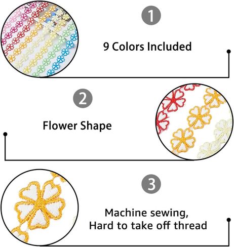 HOBBIESAY 9Pcs 9 Colors Colorful Flower Lace Trim 91cm Polyester Clover Patchwork Ribbon Edge Applique Mixed Color Flat Clover Knitting Embroidered Sewing Lace for Dress Clothes Decor in Saudi Arabia
