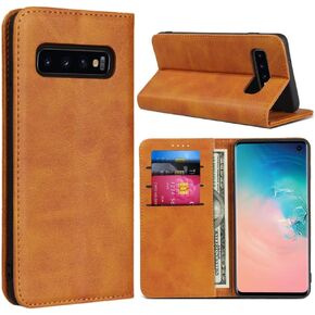 حافظة لهاتف سامسونج S10e، حافظة محفظة جلدية مغناطيسية بنمط جلد البقر وغطاء قلاب مع فتحات للبطاقات/مقصورة للنقود لهاتف سامسونج جالاكسي S10e- بني داكن in Kuwait