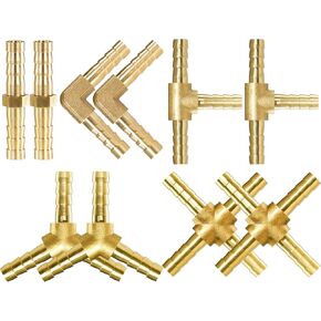 Brass Hose Barb Fittings 1/4" Set 10 Pcs, Straight 2-Way, L Right Angle Elbow, Y-Shape, Tee-Shape, 4-Way Hose Barb 2 of each with Stainless Steel Pipe Clamps for Pipe line Fuel Air Oil
