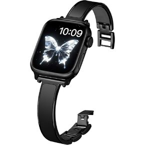 Slim Rubberized Fashion Bracelet Compatible with Apple Watch Bands for Women 44mm 40mm 46mm 45mm 41mm 38mm 42mm, Dressy Metal Wristband for iWatch Bands Series 10 9 SE 8 7 6 5 4 3 2 1-Black/Rose Gold