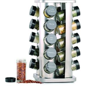 Orii 20 Jar Spice Rack with Spices Included - Revolving Tower Organizer for Kitchen Spices and Seasonings (Stainless Steel)