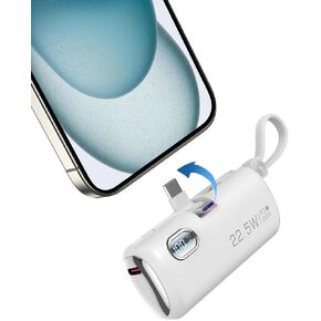 Mini Power Bank with Built-in Foldable USB-C Connector, 5,000mAh Small Portable Charger with Built in Cable, 22.5W Fast Charging Battery Pack for iPhone15/14/13/12/11/Samsung/Huawei/iPad and More.