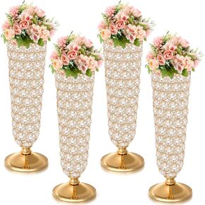 Rtteri 4 Pcs Crystal Trumpet Flower Vase 20 Inch Tall Wrought Iron Crystal Vase Flower Stand Centerpieces Wedding Table Vases Decor for Home Anniversary Ceremony Party Event Christmas (Silver)