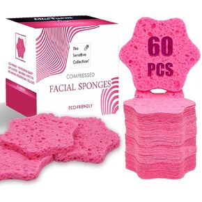 60-Count Compressed Facial Sponges, 100% Natural Cosmetic Spa Sponges for Facial Cleansing, Exfoliating Mask (Pink Heart)
